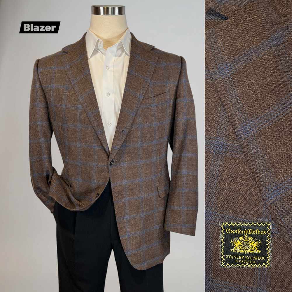 Oxxford Clothes 44R Cigar Brown Royal Blue Plaid Silk Linen Wool Blazer 3/2 Roll